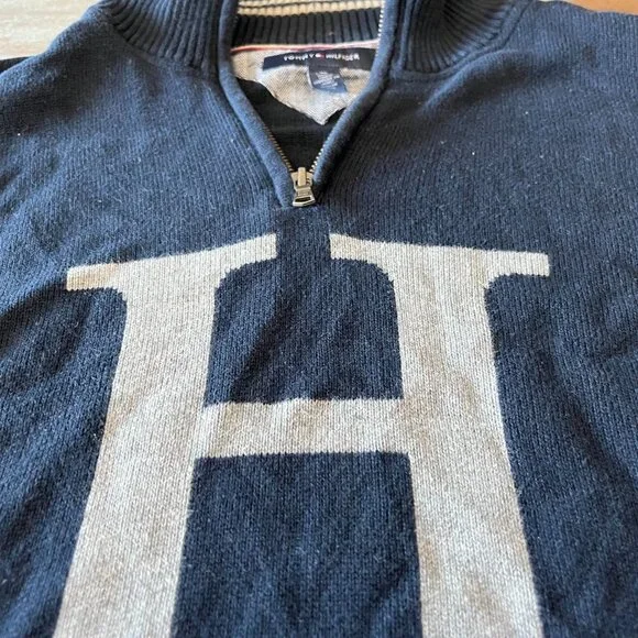 Tommy blue 1/4 zip monogram sweater - Picture 2 of 3